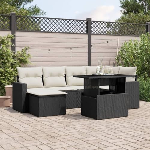 Rantry 7-TLG. Garten-Sofagarnitur mit Kissen Balkonmöbel Gartenmöbel Set Gartensofa Loungesofa Modular Terrassensofa Sitzgruppe mit Tisch Terrassenmöbel Schwarz und Cremeweiß Poly Rattan