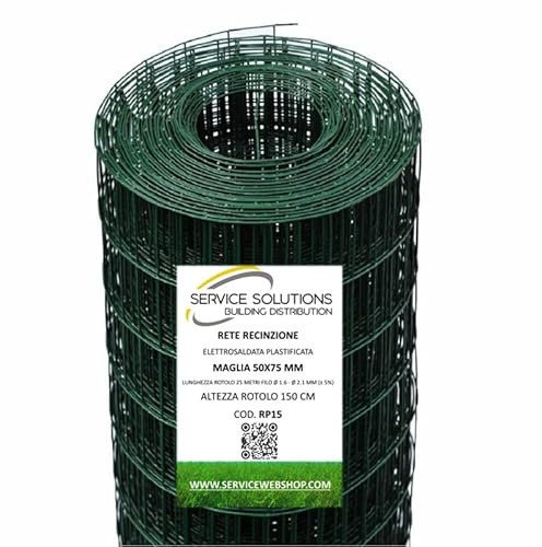 Rete Metallica Elettrosaldata Plastificata Verde – Recinzione Giardino/Orto/Animali – Rotolo 25 m, Maglia 50×75 mm, Zincata e Plastificata Resistente per Esterni | SERVICEWEBSHOP (H150CM)