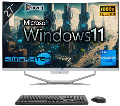 SIMPLETEK - All in One AiO 27” FHD Curvo Windows 11 Celeron fino 1,8 GHz 16GB RAM SSD 240GB + HDD 2TB Mouse Tastiera Wireless PC