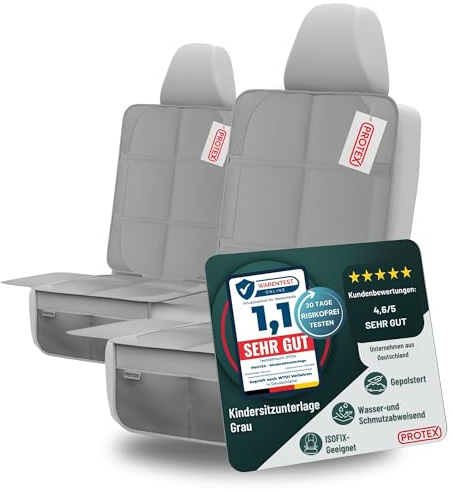 PROTEX Protector para asiento infantil – ISOFIX – Superficie inferior antideslizante | Tejido 600D impermeable y especialmente de alta calidad con asiento acolchado (L, juego de 2) (gris)