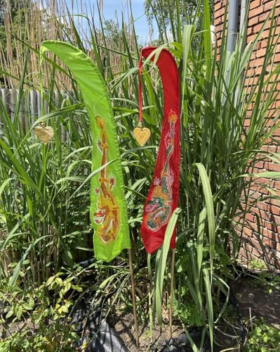 Balifahnen Set - zwei Farben mit Drachendruck - 120 cm, inkl. Bambusstange - maigrün/rot