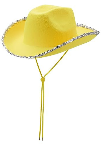 Edhomenn Viqwqii Chapeau de cowboy moelleux à large bord pour femme, casquette de cowgirl pour cosplay, fête, accessoire de déguisement (paillettes jaunes, taille unique)