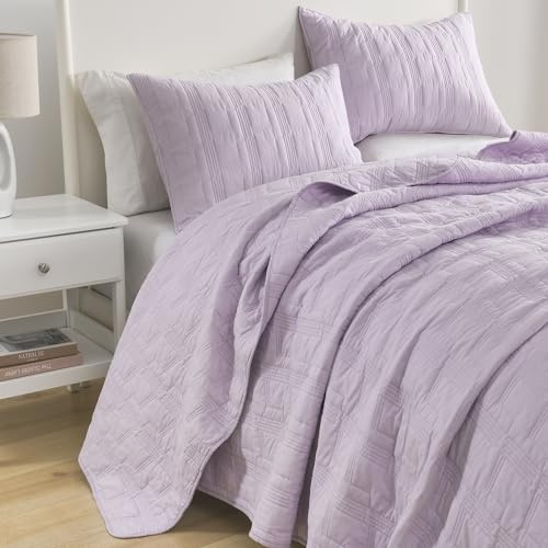 HORIMOTE HOME 100% Cotton Quilt Set Twin Size, Lavender Pre-Washed 2-Piece Bedspread Coverlet Set, Cozy Lightweight Stitching Decorative Bedding Cover with 1 Shams in Geometric Pattern for All Season