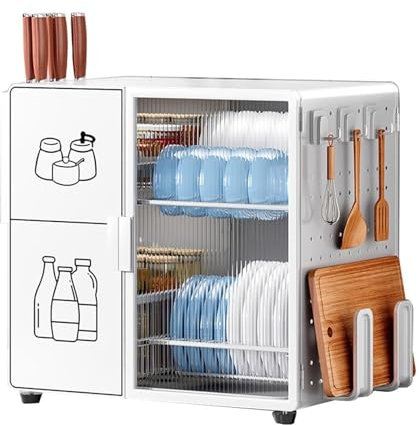 Gabinete de almacenamiento de platos para encimera de cocina con cajones de 2 niveles y estante de secado de cuencos, organizador de armario a prueba de polvo para almacenamiento de encimera, soporte