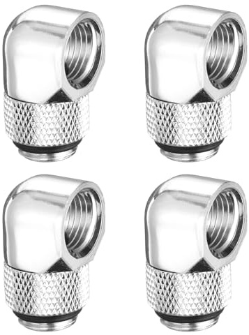 sourcing map 4pcs 90 Degree Elbow Water Cooling Adapter G1/4 Thread Male to Female Compression Connector Fitting Copper Extender Fitting for Computer PC Water Cooling System, Silver