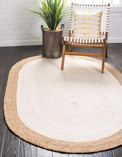 Aizza Trends Tappeto indiano fatto a mano in iuta naturale con interno intrecciato, per sala da pranzo e soggiorno, ovale, 69 cm x 120 cm