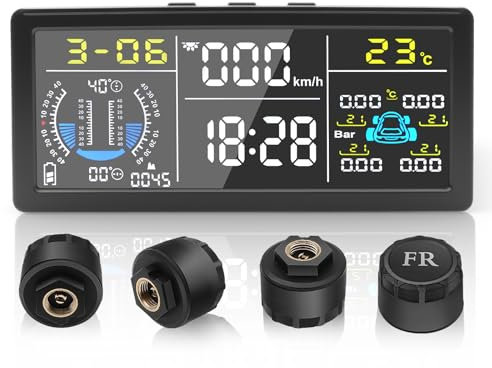 Liwogi Multifunktional Tpms Reifendruckkontrollsystem mit 4 externen Sensoren Solaraufladung Monitor Universal Mit Geschwindigkeit, Steigung und Höhe HUD Display,9.9BAR/199Psi für SUV Van Auto