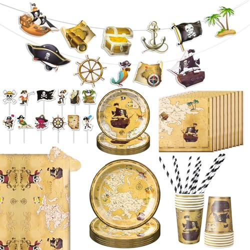 Aitsite Piraten Partygeschirr für 12 Gäste,Piraten Partyteller Geburtstag Geschirr,Piratenschiff Party Pappteller Becher Servietten,Jungen Mädchen Pirate Kindergeburtstag Deko