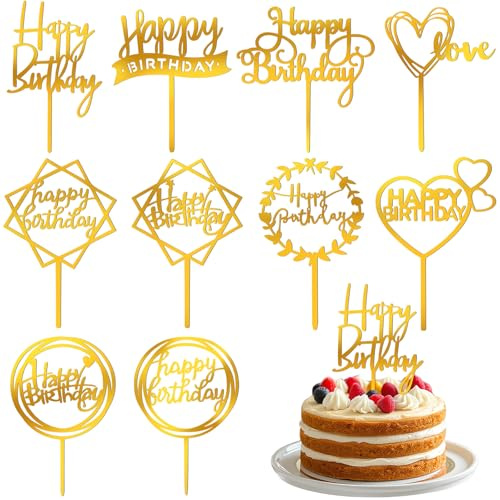 Vortify 10 Stück Happy Birthday Tortendeko, Verschiedene Formen Acryl Cupcake Toppers, Gold Glitter Kuchendekoration für Mädchen Geburtstag, Babyparty, Hochzeiten
