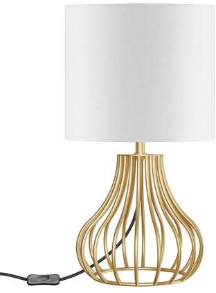 GOEBLESON Bedside Lamp, Gold Table Lamp with Metal Cage & White Linen Lampshade, Modern Bedside Lamps, Cute Desk Lamp Nightstand Lamp for Bedroom Living Room, 4W 2700K LED Bulb Included, ZDCW10TLK05N1
