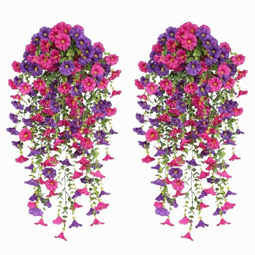 Avoik 4 flores artificiales colgantes de petunia, flores de seda artificiales, 77 cm, plantas colgantes artificiales, plantas de balcón, plantas colgantes para exteriores, balcón, terraza, colgante