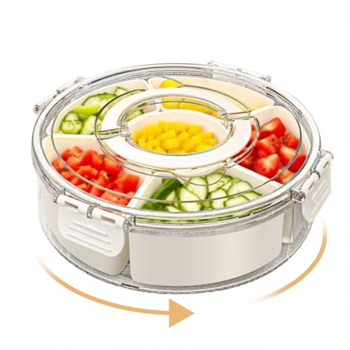 Sudnsadaks Snackbox mit Fächern, Rund Snackbox Drehbar mit Deckel und Griff, 6 Fächern Snackteller, Snackschale, Tragbar Vielseitige Snackbox Organizer, Obstbox Snackdose Transportbox Aufbewahrungsbox