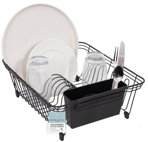 YöL Wire Dish Drainer & Detachable Cutlery Basket Non Slip Kitchen Sink Drying Rack Space Saver - Plates Bowls Dishes Cups Glasses Knives Forks Spoons Utensil