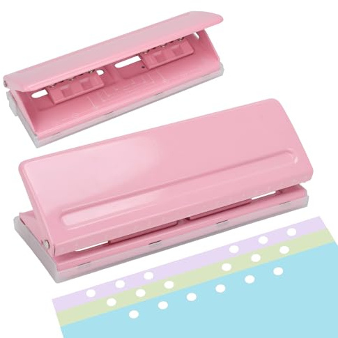 Adjustable 6-Hole Punch - Metal Hole Puncher for A4/A5/A6, Personal & Pocket Planners - 6-Ring Binder Puncher 6-Sheet Capacity, Non-Slip Base, with Ruler & Hole Guide (Pink)