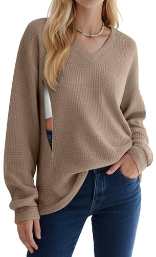 Sweetyweee Women’s Waffle Knit Nursing Shirts, Long Sleeve Oversized Breastfeeding Tops Hidden Zipper V Neck Maternity Tops(Coffee,Large)