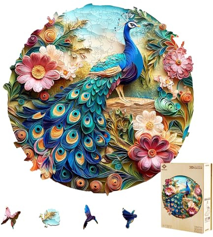 Wooden Jigsaw Puzzles for Adults & Kids - 3d colorful peacock Jigsaw Puzzles 300pcs, Artistic Wall Decor & Birthday Gift Idea for Friends, Home Office Puzzle (34x34cm)