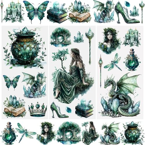 WANDIC 3 Sheets Rub On Transfer Stickers, Retro Fantasy Theme Waterproof Decals Furniture Craft Decorative, Junk Journals for DIY Scrapbooking, 15 * 30cm