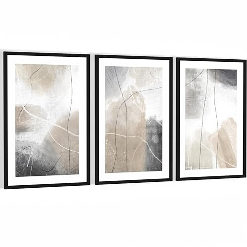 Novart Wandbilder mit Rahmen Abstrakt - Wohnzimmer Schlafzimmer Büro Wanddeko - 3 Bilder Set 128x60 cm Beige - N128636aR2