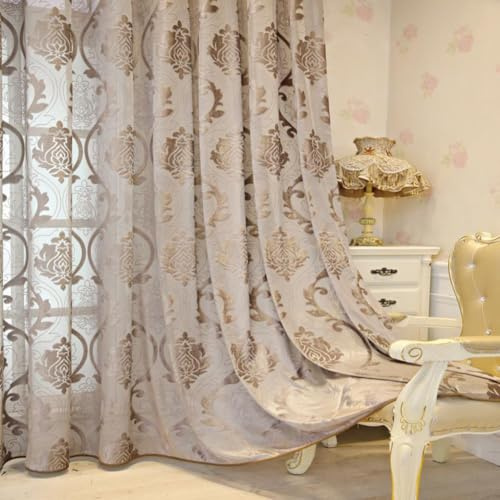 Vintage Vorhang Halbtransparent Ösen 3D Tufted Barock Gardinen Wohnzimmer | Braun Vorhäng Transparent Lichtdurchlässig Blumenmuster Ösenschals für Schlafzimmer Wohnzimmer 2er Set 140x260cm