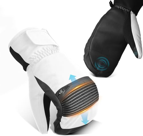tekkapoi Winterhandschuhe Herren Damen, Skihandschuhe Fäustlinge Wasserdicht Warm, Thermo Handschuhe für Ski Snowboard Weiß L