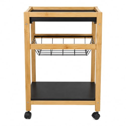 LIN HOME Carrito de Almacenamiento de 3 Niveles con Ruedas, Estantería Móvil con Marco de Madera y Cestas Metálicas, Salón, Dormitorio y Baño,35x24.5x55cm,XZ-24765,Negro