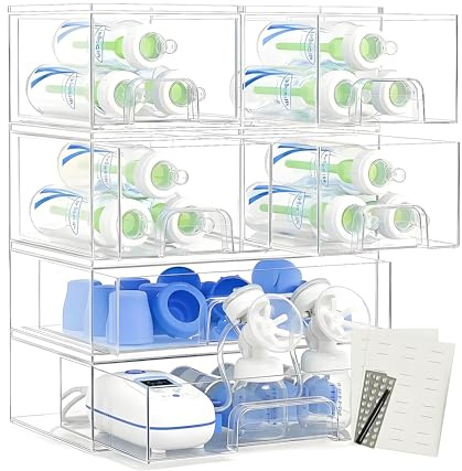 Farazza Clear Baby Bottle Organizer For Cabinet, Storage Bins with Pull-Out Drawers, 6-Pack Organizer Set with Labels, Premium PET Plastic Storage Organizer for Pantry, Bathroom, Vanity, Countertop