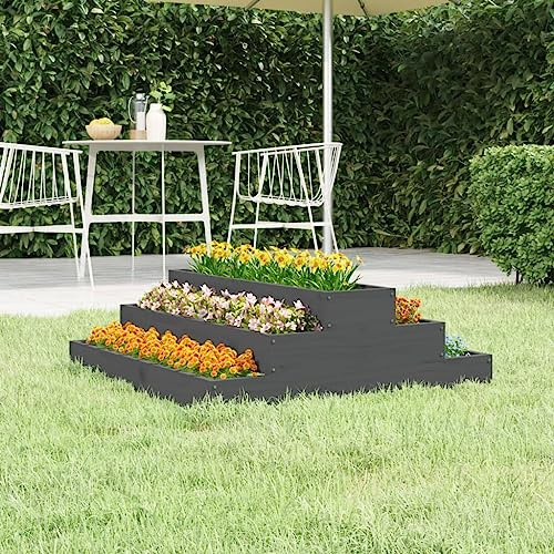SKTQYQO Fioriera Grigia in Legno Massello di Pino 80x80x27 cm con Design a Scala a 3 Livelli per Piante e Ortaggi, Struttura Robusta e Stabile per Decorazione Giardino, Ideale