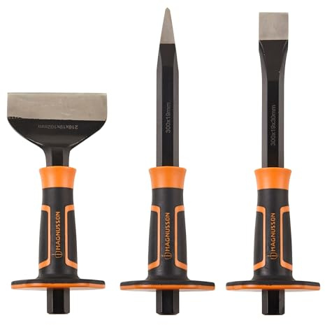 Magnusson Kit 3 Pièces DT15 — Burin à Briques, Burin Pointu et Ciseau Plat en Acier Chrome-Vanadium avec Pare-Coups