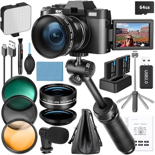 8K Digital Cameras for Photography, 64MP for Vlogging YouTube with Microphone & Tripod Grip, Video Camera with Wide-Angle&Macro Lens, Content Creator Kit & Travel Camera 64GB TF Card