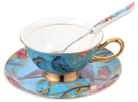 NUOBESTY Juego de Taza de Café Estilo Europeo de Porcelana Bone China con Platillo y Cuchara Azul con Borde Dorado Taza de Té Vintage para Hogar y Obsequio Cafetero 1 Color Color Aleatorio