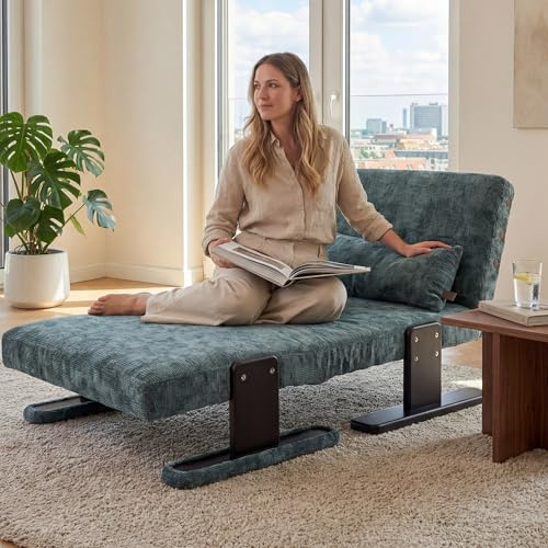TFFCIC Premium Schlafsessel mit Bettfunktion 90x195 cm, Designer Sessel mit Schlaffunktion für Erwachsene, 3-in-1 Schlafsofa platzsparend, Lounge-Sessel mit Chenille-Stoff & Holzarmlehnen, Pfauenblau