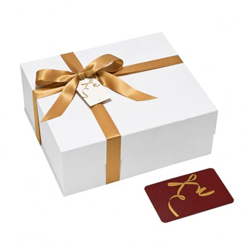BloomWrap große weiße Geschenkbox mit Deckel 33.5 x 30 x 12.5 cm, schimmernde faltbare Präsentbox mit Magnetverschluss, Band, Karte & Anhänger