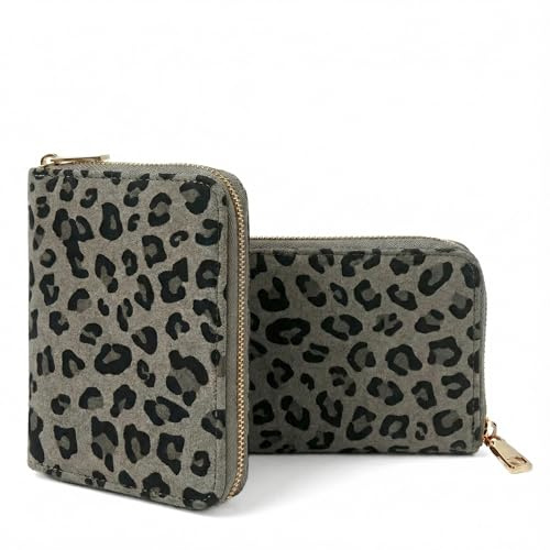 MillyMilk® Savana – Leo Portemonnaie & Geldbeutel für Damen – Kompakte Geldbörse im Leopard Design aus weichem Velours in Wildlederoptik Animal Print – mit Reißverschluss & Münzfach (Leo GRAU)