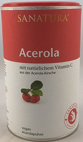 Sanatura Acerola – 3 x 175 g Acerola Pulver – natürliches Vitamin C hochdosiert – aus der Acerolakirsche – einfache Anwendung – sehr ergiebig – vegan