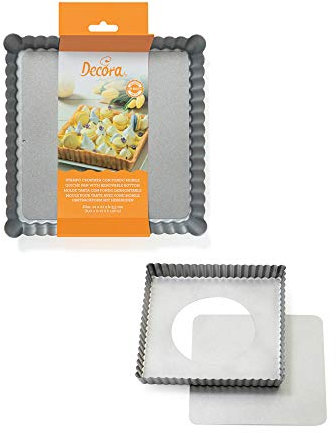 DECORA, 0070025 Moule pour tarte de dimensions 21 x 21 x 3,5 cm, avec fond amovible en acier antiadhésif, Carré, Facilite le démoulage des gâteaux, Design professionnel.