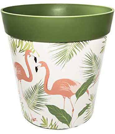 Hum Flowerpots, 25cm, Various Patterns Colours and Sizes, Indoor/Outdoor Plastic Plant Pot, Green Flamingo