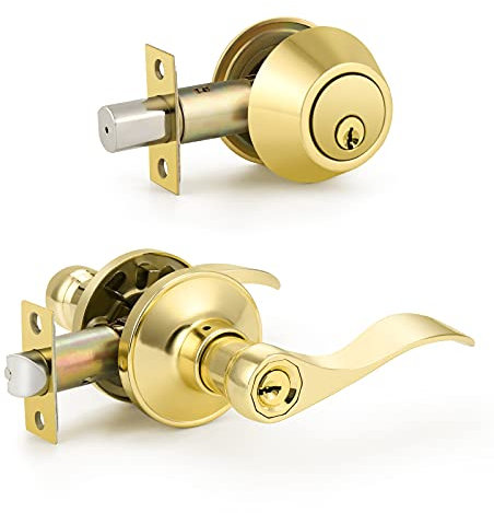 Keyed Alike Entrance Lock Lever Combo Set,3 Set Entry Lever with Single Cylinder Deadbolts in Polished Brass,Wave Door Levers Exterior,Entrance Door Lockset with Deadbolts,Front Entry Handle Golden