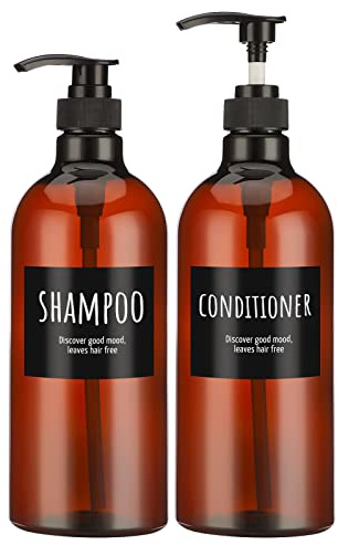 Segbeauty 2 Stück Pumpflaschen für Shampoo und Spülung, 1000ml Braun Leere Plastikflaschen mit Etiketten, 33,8 oz großer wiederverwendbarer Shampoo-Conditioner-Spender, nachfüllbare Pumppress-Flaschen