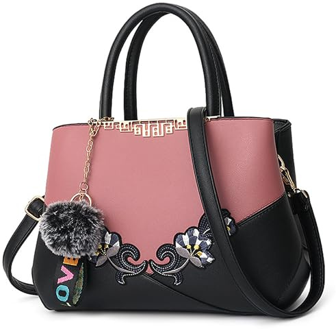 VARLIVOO Sac a Mains Femme Cuir PU Élégant Sac Bandouliere avec Broderie Florale Sacs à Main portés Main Classe avec Pendentif en Peluche pour Shopping Travail Voyage Fête Quotidien Rose B