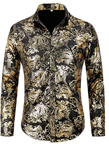 Allthemen Jacquard skjorta för män, långärmad satin fritidsskjorta, paisley, herrskjorta för fest, bröllop