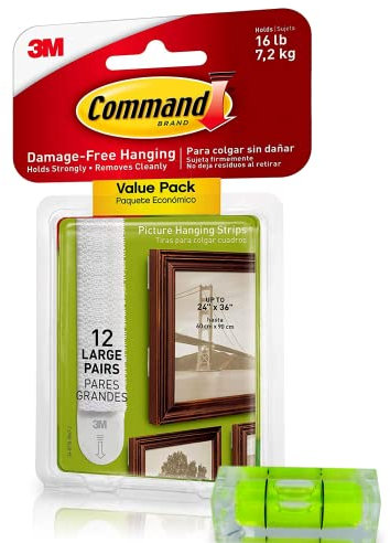 Kit da appendere per quadri, strisce bianche senza danni da 3 m, 12 paia di strisce di comando,cornici piccole e grandi, poster su pareti/cartongesso, senza danni alle unghie + livello di canguro