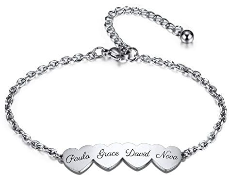 OTXIXTO Pulseras Nombre Personalizado con 2-5 Corazones Grabados Mujer Pulsera con Dijes para Amistad Madre Enlace Ajustable Mejor Regalos para Amigo Cumpleaños Dama de Honor