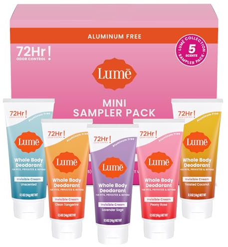 Lume Whole Body Deodorant 5 Pack Sampler - Invisible Cream Minis - 72 Hour Odor Control - Aluminum & Baking Soda Free (Clean Tangerine, Lavender Sage, Peony Rose, Toasted Coconut, Unscented)