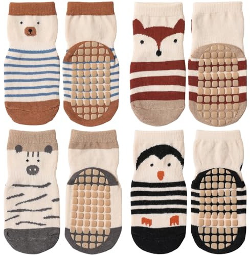 Simpeak Toddler Socks, 4 Pairs Kids Socks in Spring and Summer Non Skid Kids Toddler Socks with Grips Children Gift Socks for Boys Girls 1-3 Year - 1