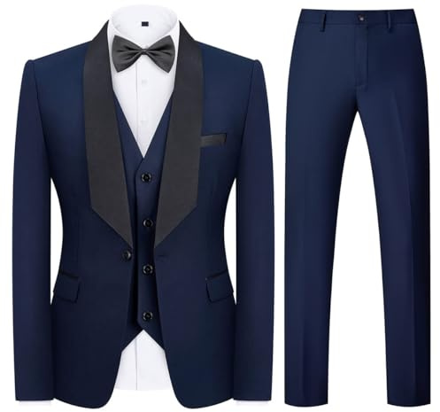 KUDMOL Mens Suit 3 Piece Tuxedo One Button Blazer Vest Trousers Set | Men's Shawl Lapel Solid Business Tuxedo Suit Formal Outfit for Wedding, Party, Prom, Ceremony and Celebration