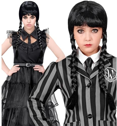 W WIDMANN MILANO Party Fashion - Perücke Dark Girl, schwarz, 2 geflochtene Zöpfe, Flechtfrisur, Gothic, Langhaarperücke