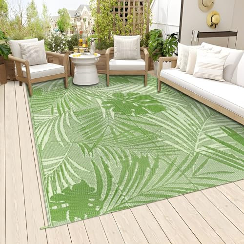 Famibay Alfombra Exterior patrón de Hojas Verdes Resistente a los Rayos UV, Reversible, Lavable, Alfombra Exterior terraza para balcón, jardín, terraza, Camping, pícnic 150 x 245 cm