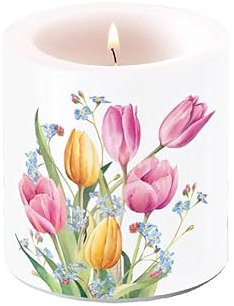 Kerze Frühling Tulpen in zarten Farben als Tischdeko. Motivkerze rund klein für den gedeckten Tisch Ø7,5 x 9cm