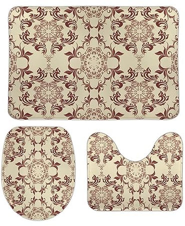 Badezimmer Teppiche Set 3 Stück Ethnisches Muster Beige Waschbar U-Förmigen Contour Matte Weiche Wc-Deckelabdeckung Wasserabsorbierend 3-Teiliges Badteppich-Set