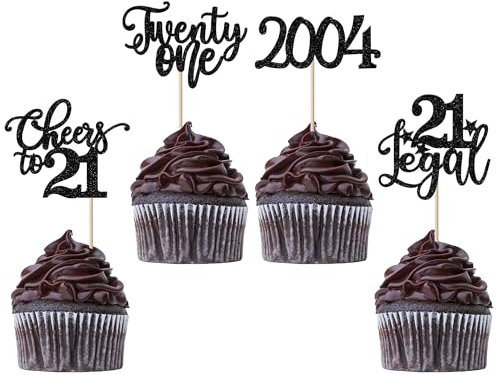 SYKYCTCY 24 Pack 2004 Birthday Cupcake Toppers Cheers to 21 Twenty One Cupcake Picks 21 Legal Cake Decorations for 21st Birthday Party Anniversary Party Supplies Black
